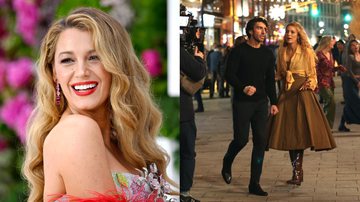 A atriz Blake Lively (esq.) e com Justin Baldoni durante as gravações (dir.) - Getty Imagens