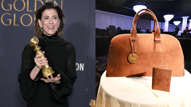 Fernanda Torres com o Globo de Ouro e a mala que os vencedores também ganham - Getty Imagens