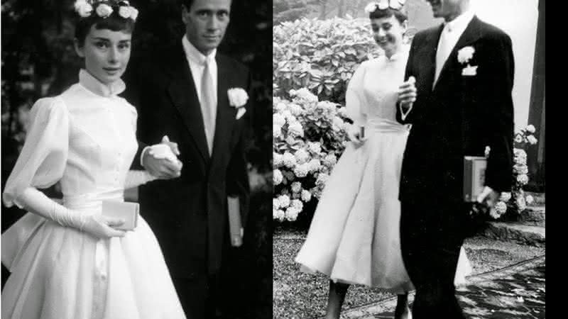 Para o primeiro casamento, com o ator Mel Ferrer, Audrey investiu em um vestido de noiva supermoderno para a época. Saia ampla abaixo do joelho, mangas bufantes e gola alta faziam parte das tendências. O modelo foi assinado pelo estilista Pierre Balmain.  - Foto: Reprodução