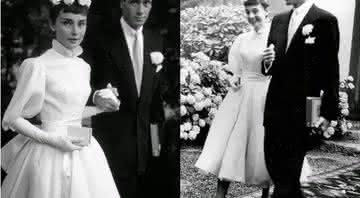 Para o primeiro casamento, com o ator Mel Ferrer, Audrey investiu em um vestido de noiva supermoderno para a época. Saia ampla abaixo do joelho, mangas bufantes e gola alta faziam parte das tendências. O modelo foi assinado pelo estilista Pierre Balmain.  - Foto: Reprodução