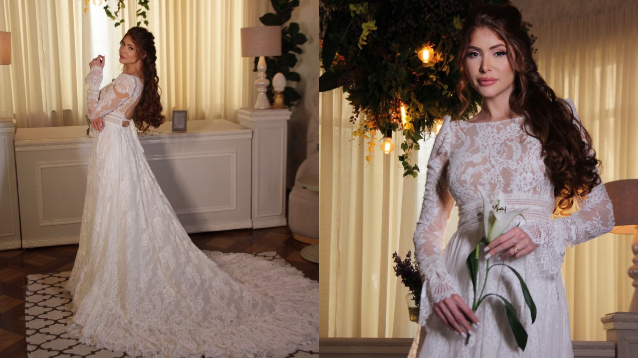 A um mês de casar, ex-BBB Amanda Gontijo faz ensaio luxuoso com vestido de noiva