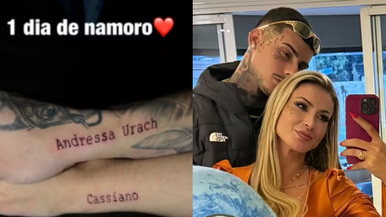 Andressa Urach e namorado celebram 1 dia de relação com tatuagens de nomes