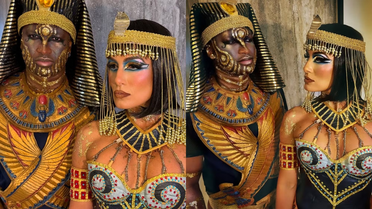 Carol Peixinho e Thiaguinho se fantasiam de figuras egípcias para festa e mostram resultado