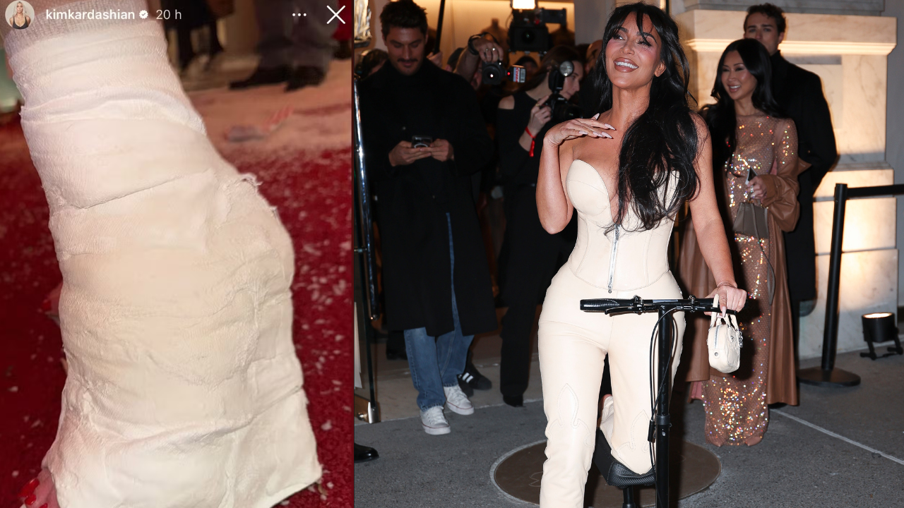 Kim Kardashian se inspira em personagem de filme e faz salto de gesso após quebrar o pé