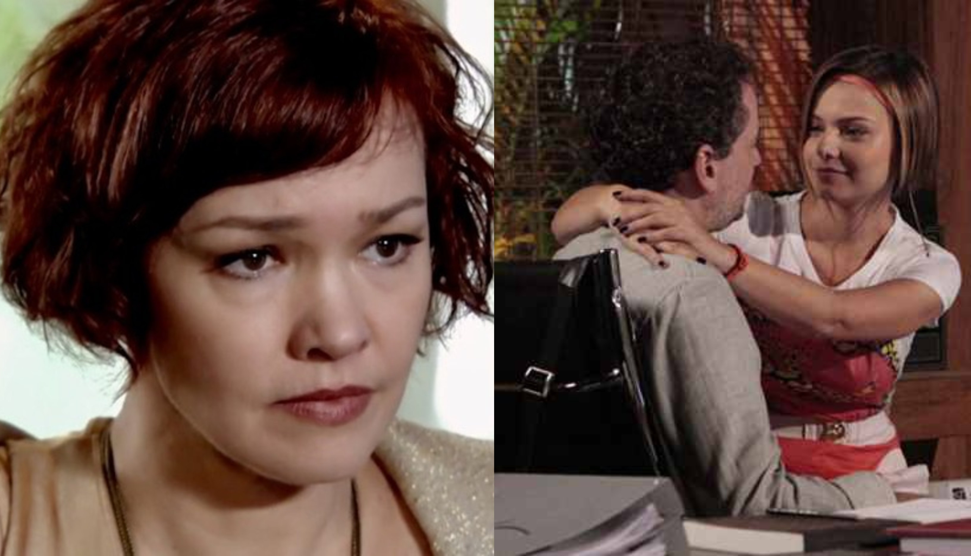 Fina Estampa: Grávida, Esther flagra Paulo e Vanessa seminus em escritório e fica sem chão