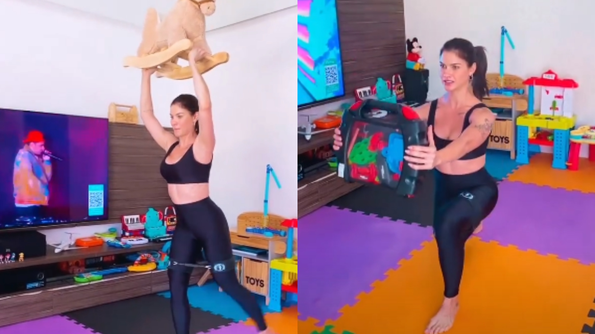 Andressa Suita inova no treino e usa brinquedos dos filhos para se exercitar