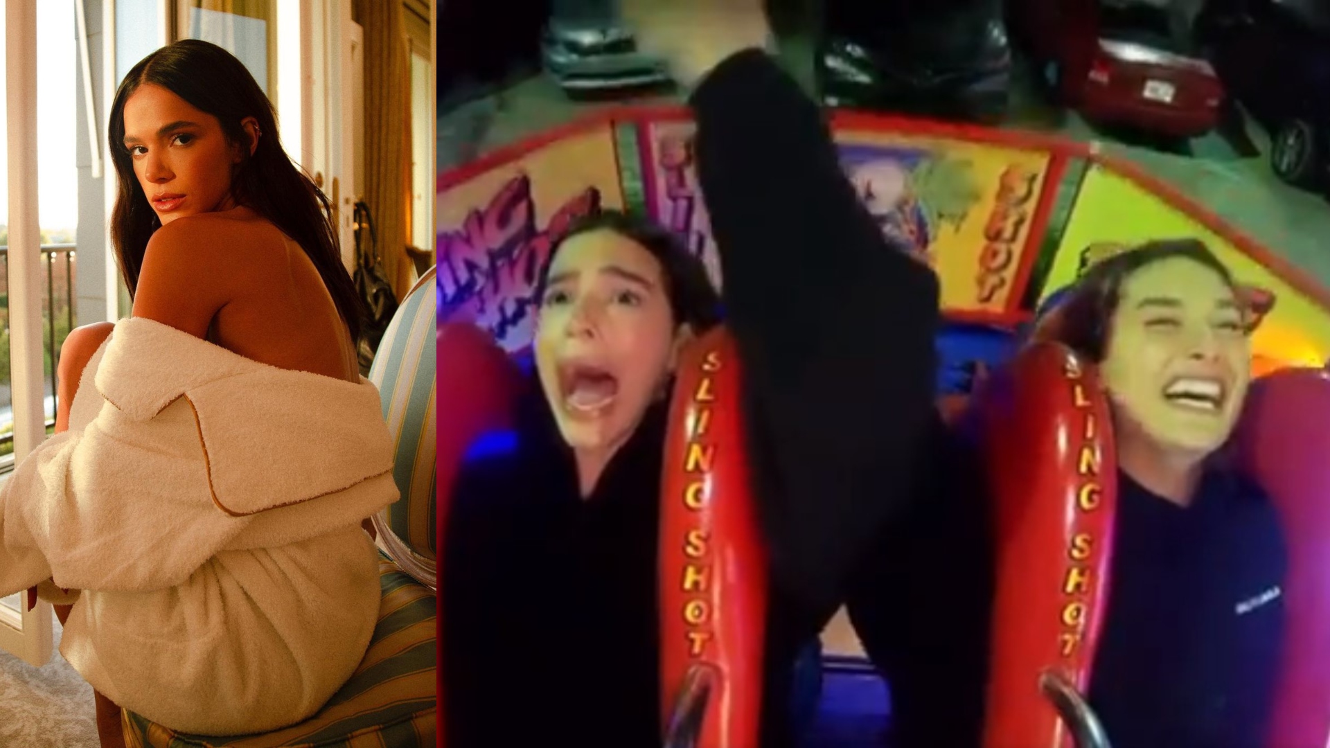 Bruna Marquezine se desespera em brinquedo radical com Sasha Meneghel e vira meme