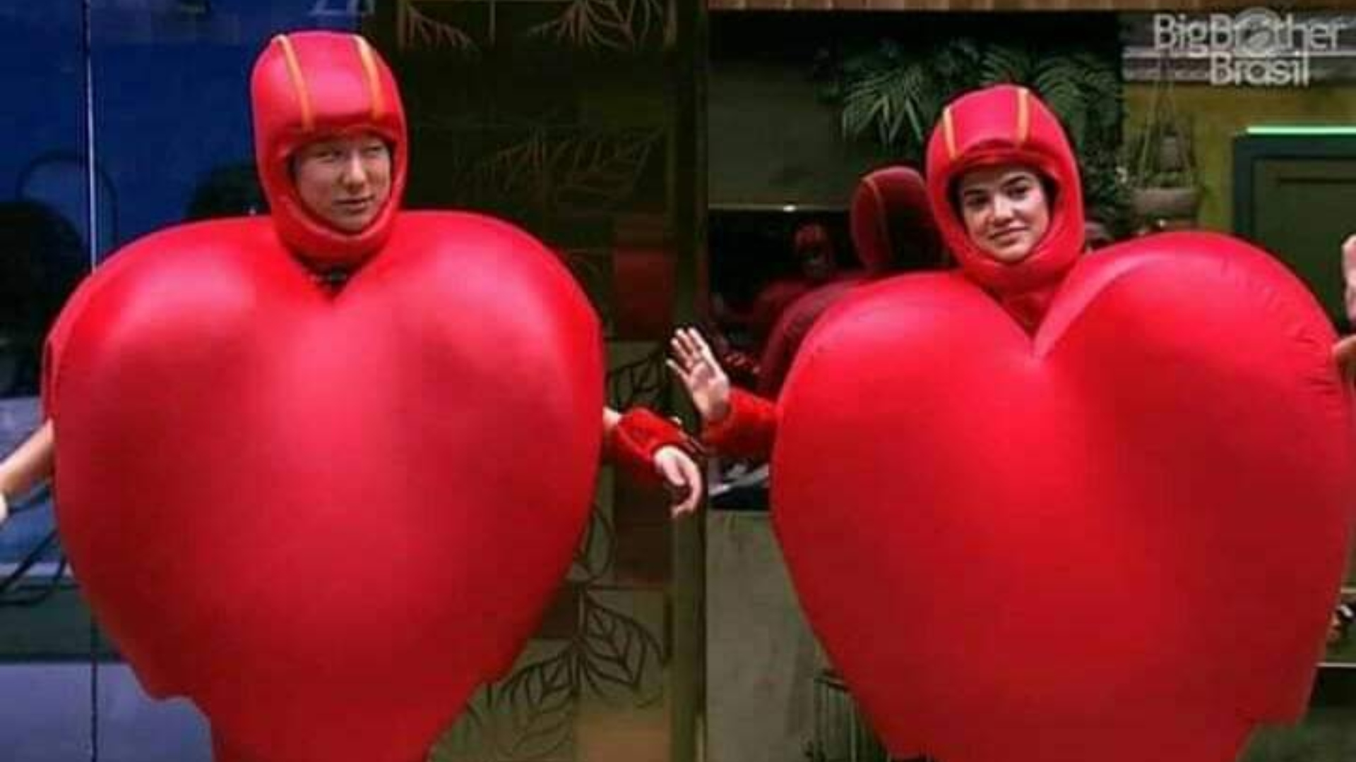 Vestidos de coração gigante, Manu e Pyong se divertem e internautas debocham de Guilherme: “Achou que ficariam pistolas”
